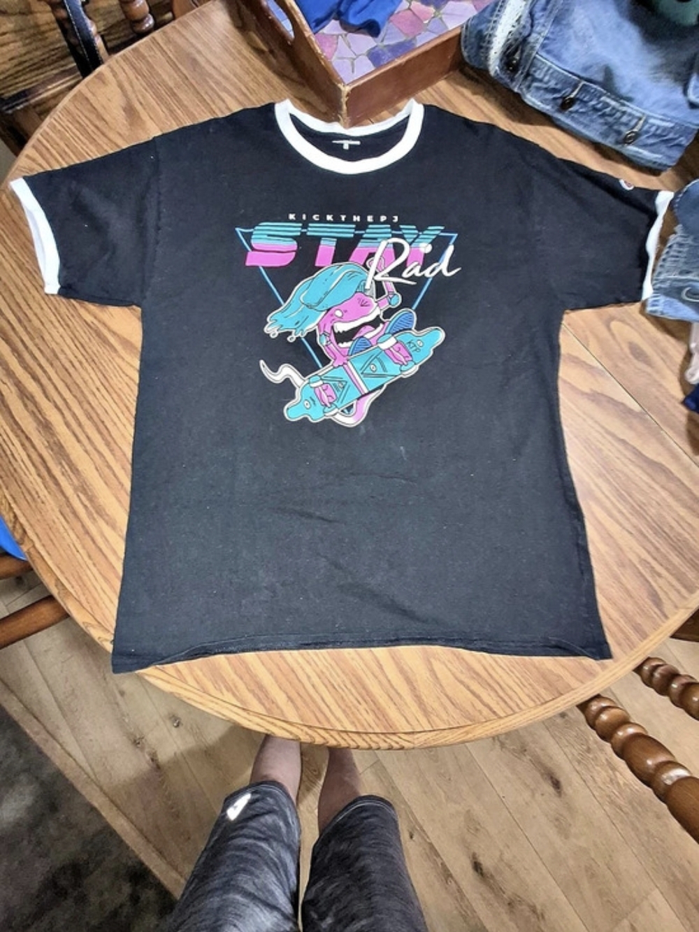 Champion Kick The PJ Stay Rad Ringer T-Shirt Graphic Tee Large